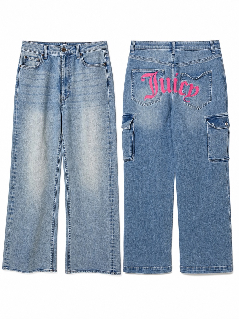 Juicy Couture Abbot Cargo Jeans Wide Leg High Rise Pink Logo McBling Y2K-Sz 29/9